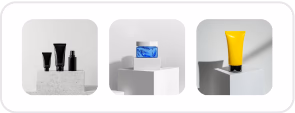 Set of three cosmetic product thumbnails in rounded frames, displaying bottles and jars, designed for product gallery or related items sections.