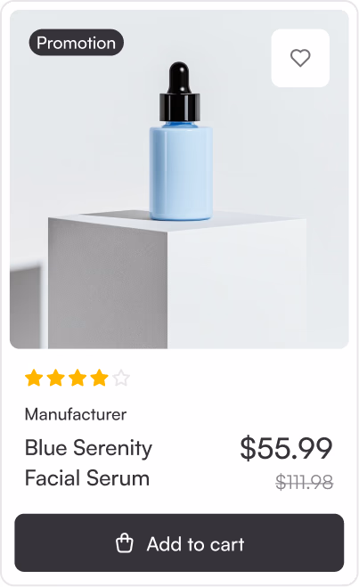Minimalist e-commerce product card UI component featuring a product image, promotion badge, rating stars, price, wishlist icon, and a dark 'Add to cart' button.