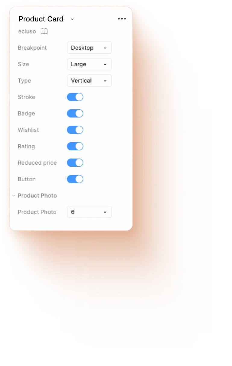 Figma component properties panel demonstrating customization options for a product card, including toggles for badges, wishlist, rating, and buttons, plus size and breakpoint selectors.