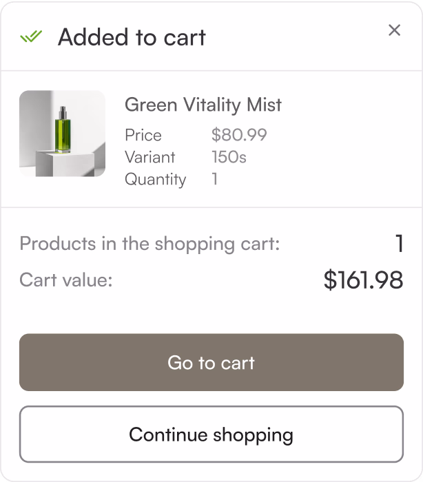 "Added to cart" confirmation modal window showing product details, cart total, and navigation buttons.