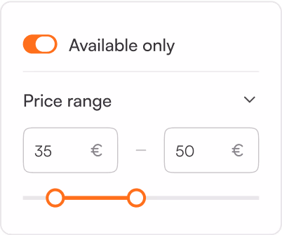 Sidebar filter UI component for online stores, including an 'Available only' toggle switch and a price range slider with minimum and maximum input fields.