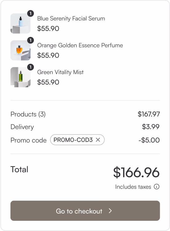 Shopping cart summary UI widget showing a list of selected items, pricing details, promo code input field, and a 'Go to checkout' call-to-action button.
